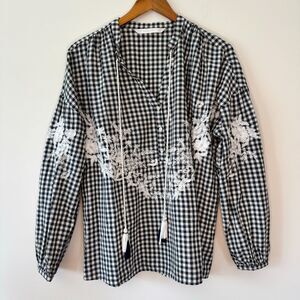 Zara Women's Black and Cream Embroidered Gingham Blouse Size Small
